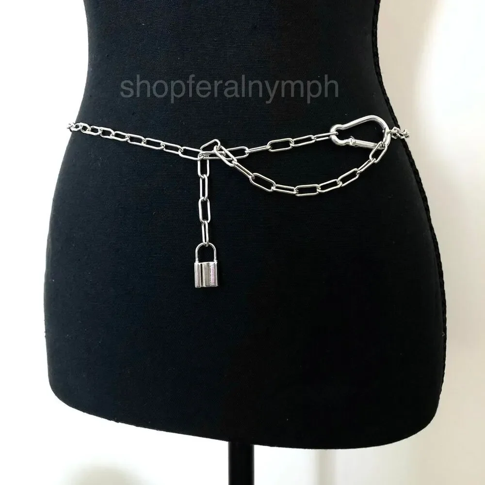 Vintage Y2K Cyberpunk Silver Padlock Chain Belt, Fits Up to 37 Inches, X7GA1226